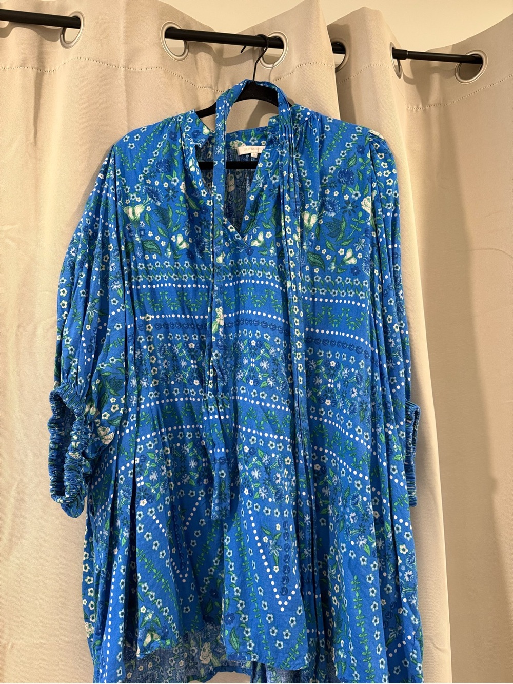 Olivaceous Blue Floral Tie-Neck Tunic Dress with Green Accents